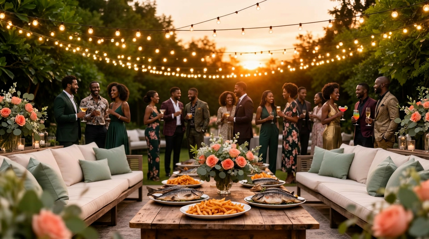 Elegant backyard spring birthday party at golden hour with string lights, lounge seating, and floral arrangements